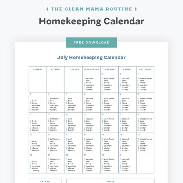 Free July 2026 Homekeeping Calendar