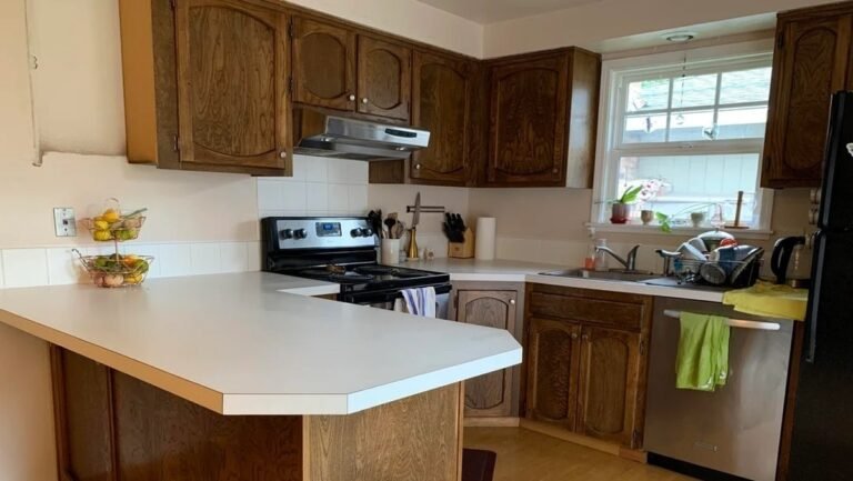 She Painted the Dark Wood Cabinets Two Shades of Green and the Kitchen Felt Much More Open