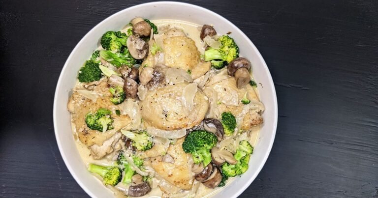 Budget-Friendly Chicken Fricassee with Mushrooms and Broccoli