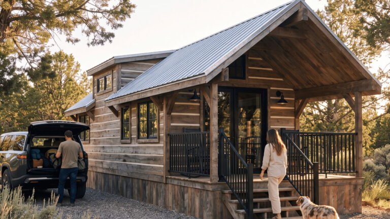 Outpost Tiny House Fits Two Cozy Bedrooms, Fireplace, and Porch In 400 Sq. Ft. Layout
