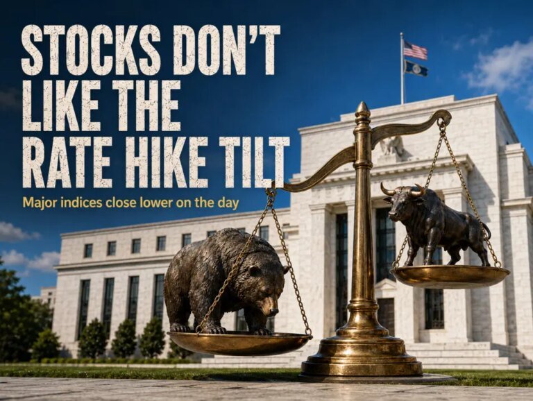 US stocks don’t like the rate hike tilt. Close lower on the day.